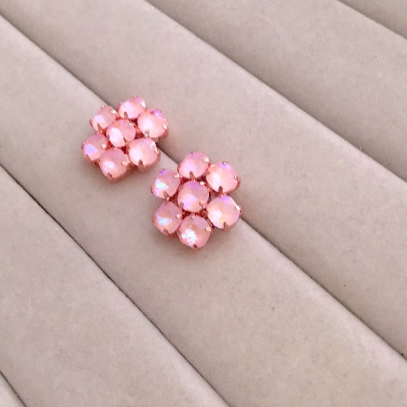 Pink Opal Aurora Borealis + Rose Gold Crystal Flower Statement Earrings - Picture 6 of 7